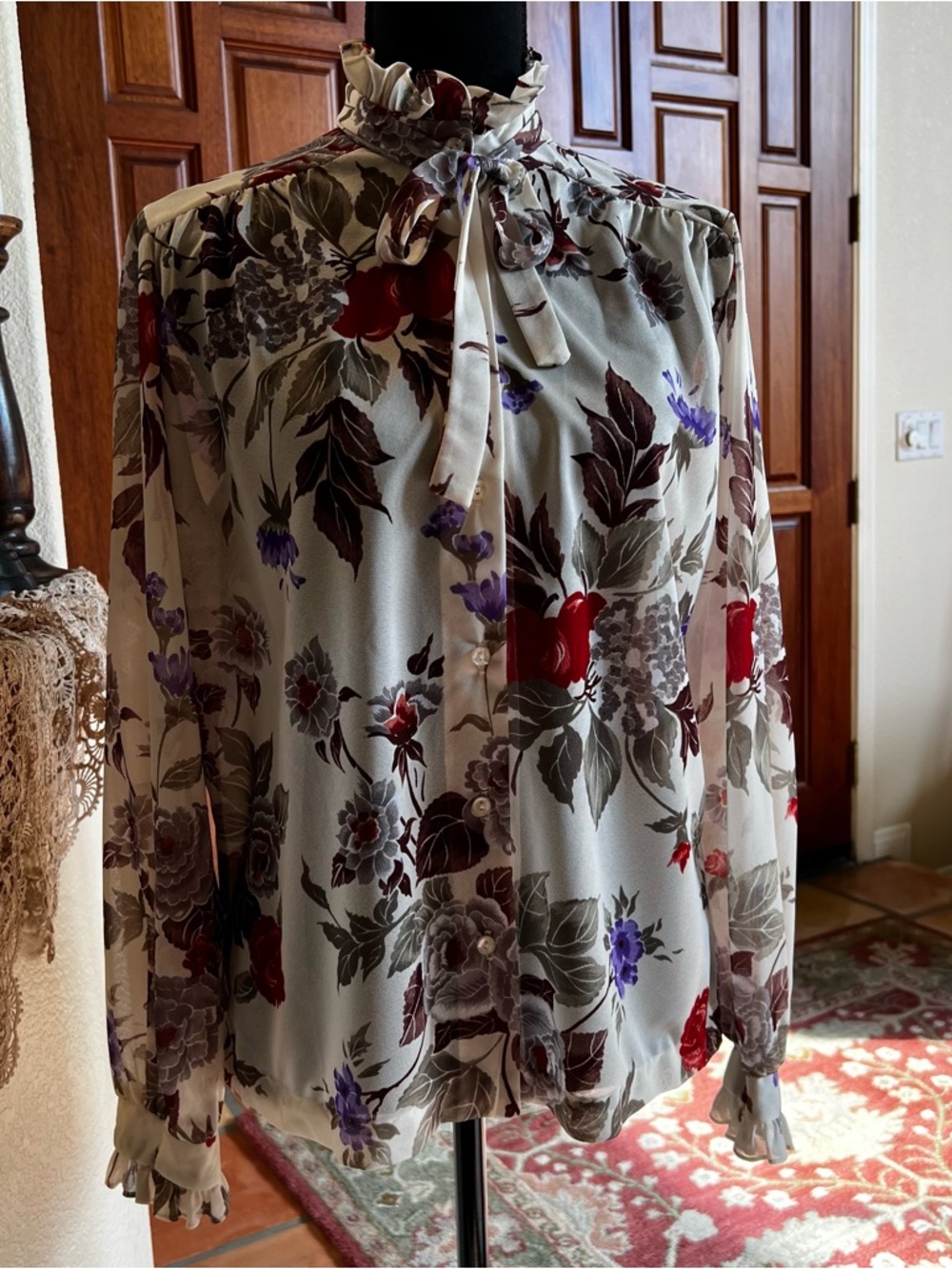 Vintage Teddi Of California 70's Purple Brown Floral Long Sleeve Blouse Size 14
